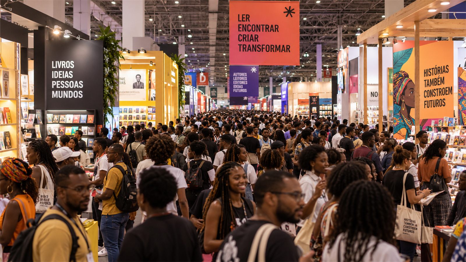 Multidão a percorrer os corredores de uma feira do livro, entre stands e cartazes