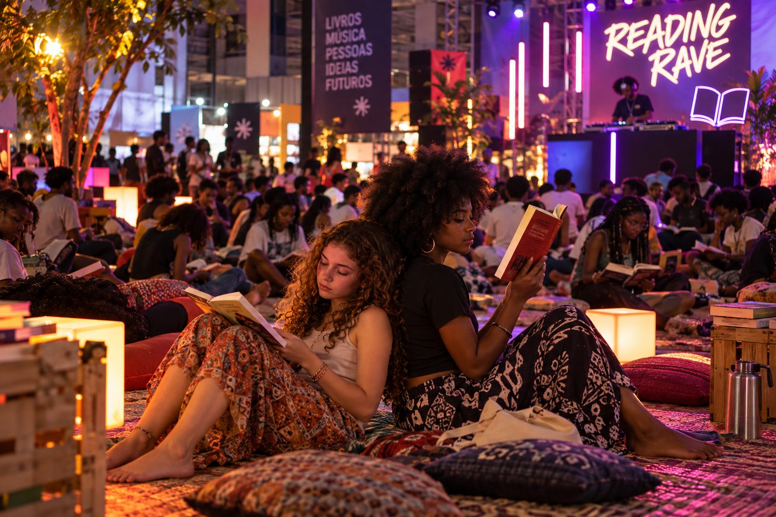 Jovens a ler sentados em almofadas na Reading Rave, com um DJ ao fundo