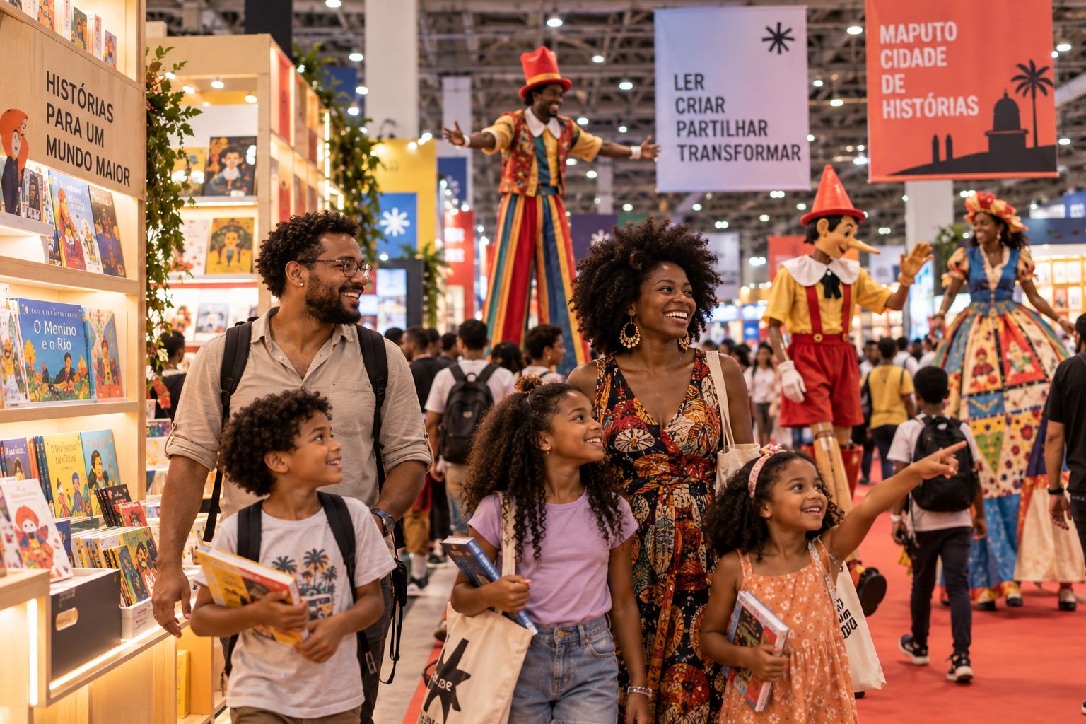 Família com livros na mão a passear pela feira, entre personagens em andas
