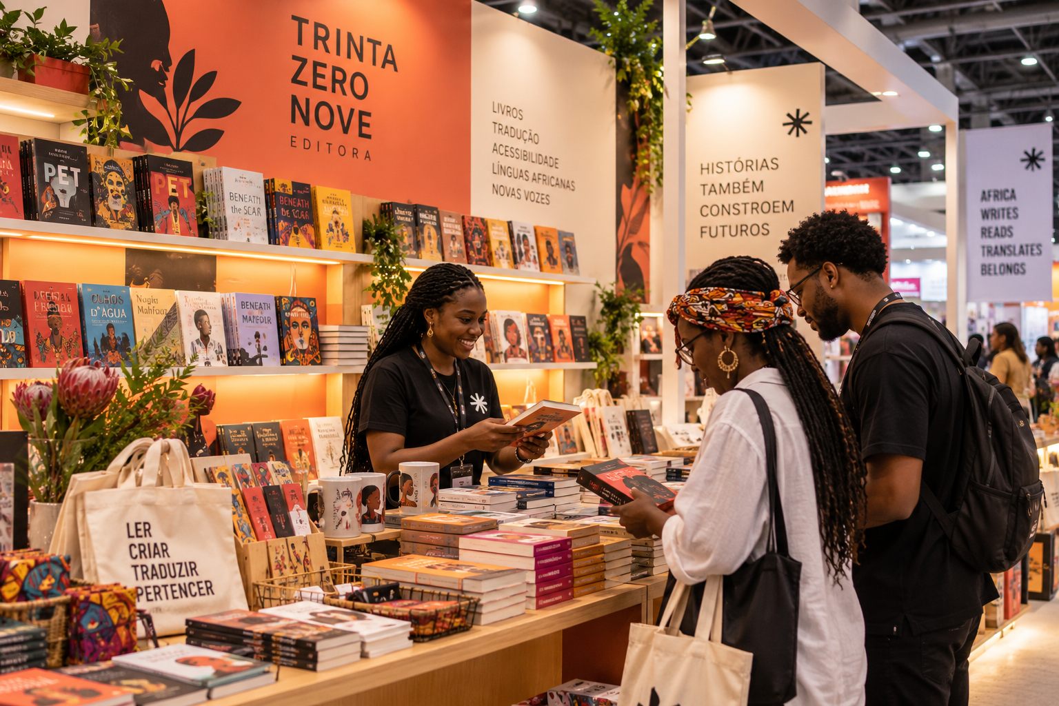 Visitantes folheiam livros no stand da Editora Trinta Zero Nove